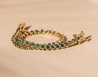 925 Lab Emerald Tennis Bracelet,Lab Emerald Bracelet, silver Bezel Set Emerald Tennis Bracelet,Emerald Layering Bracelet For Women Gift