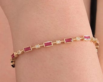925 LAB 18K Gold Vermeil Ruby Tennis Bracelet, Baguette Ruby Bracelet, July Birthstone, Ruby Jewelry, Dainty Tennis Bracelet Gift Bestfriend