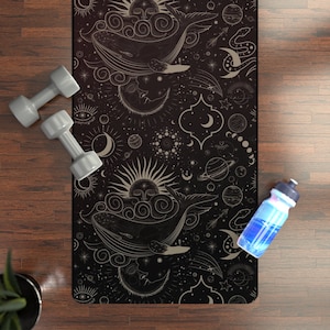 Rubber Yoga Mat Mystic Whales Sun & Moon, Zodiac, Magical Ocean Whales