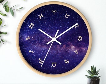 Wall Clock - Night Sky with 12 Signs of the Zodiac