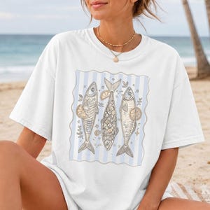 Boho Style Tops Sardines Tshirt for Coastal Granddaughter Y2k Design Foodie Gift Vintage Fish Shirt Plus Sizing Bohemian Comfort Colors Tee