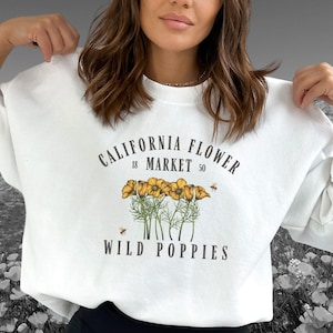 California Poppy Flower Market Sweatshirt, California Garden Gift, Orange Poppy State Flower Boho Shirt, Cottagecore Gardening Shirt