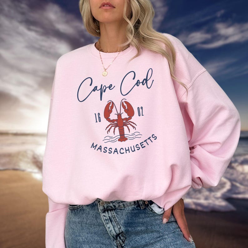 May include: Pink sweatshirt with a graphic of a lobster and the text "Cape Cod 16 02 MASSACHUSETTS".