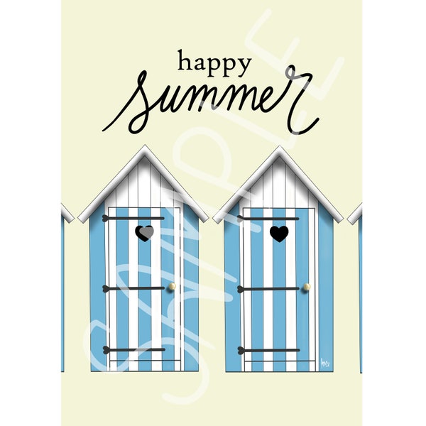 HAPPY SUMMER / Cabine de plage - Poster A5/A4 ou Carte Postale