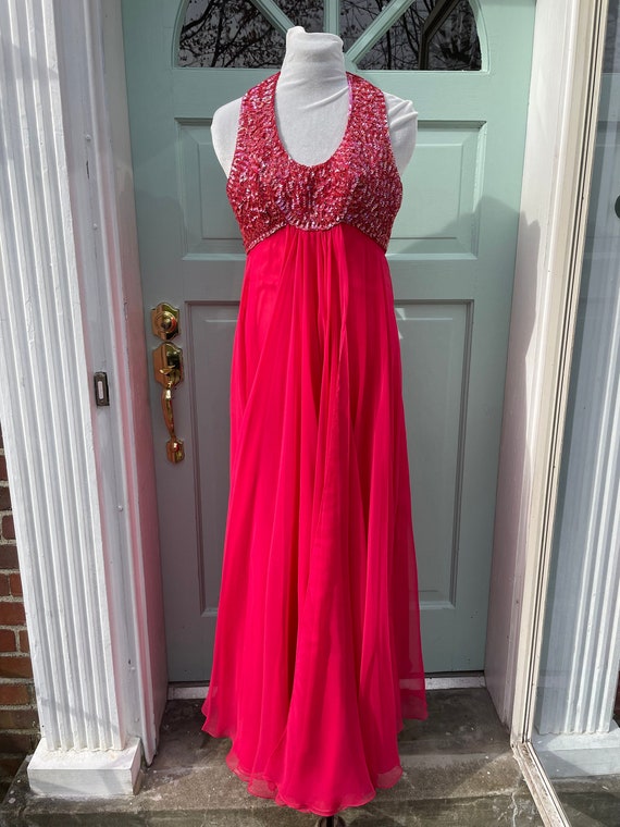 Vintage Red-Pink 70s Style Sequin Halter Gown