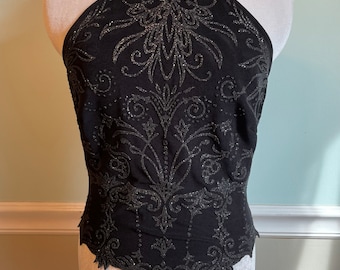 Vintage 80s Tadashi Shoji Black Embellished Halter Top