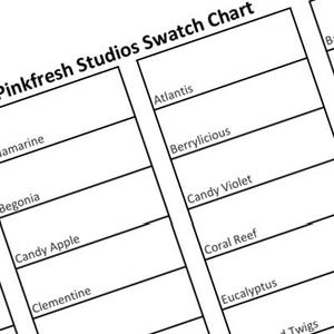 Puede incluir: Una carta de muestras blanca de Pinkfresh Studios, con nombres de colores como Aguamarina, Begonia y Candy Apple. La carta está diseñada con casillas rectangulares para muestras de color.