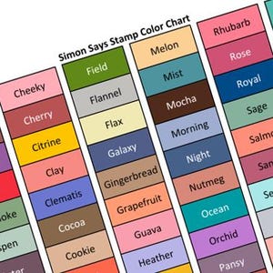 Puede incluir: Una carta de colores titulada "Simon Says Stamp Color Chart" con varias muestras de color. Los colores incluyen "Cheeky", "Cherry", "Citrine", "Clay", "Clematis", "Cocoa" y "Cookie". Otros colores son "Field", "Flannel", "Flax", "Galaxy", "Gingerbread", "Grapefruit" y "Guava".