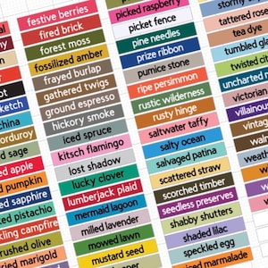 May include: A close-up of a color palette with various color swatches. Each swatch has a color name, such as "festive berries," "fired brick," and "forest moss." The swatches are arranged in rows and columns.