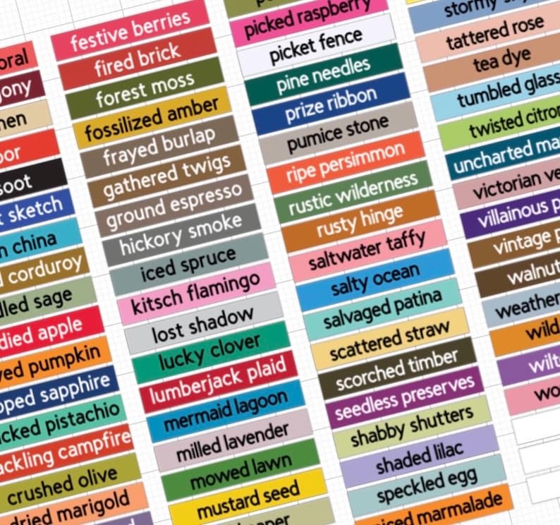 May include: A close-up of a color palette with various color swatches. Each swatch has a color name, such as "festive berries," "fired brick," and "forest moss." The swatches are arranged in rows and columns.