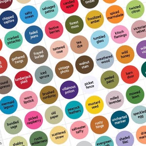Può includere: Una tabella colori con una griglia di campioni circolari con nomi come "candied apple", "forest moss" e "mustard seed". I campioni mostrano una varietà di tonalità di rosso, verde, giallo, blu e marrone.