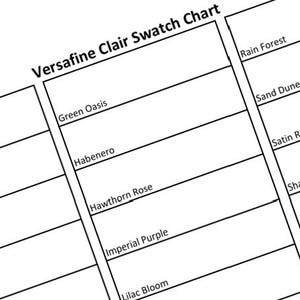 Puede incluir: Un gráfico de muestras Versafine Clair con nombres de colores como Green Oasis, Habanero y Rain Forest. El gráfico está dividido en secciones con nombres de colores, ideal para comparar colores de tinta. El texto es negro.