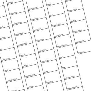 May include: A grid of rectangular boxes arranged in columns, each containing a unique color name printed in black text. The list includes names such as Charcoal, Cinnamon, Coastal Storm, Confetti Pink, Crushed Velvet, Daffodil, Dark Chocolate, Deep Sea, Gingerbread, Glass Slipper, Guacamole, Havana Red, Honeycomb, Lagoon Blue, Lantern Light, Leather, Mardi Gras, Mermaid, Oasis, Olive, Orange Cream, Orange Spice, Parisian Purple, Pear, Pine, Pink Flamingo, Pink Lemonade, Rainy Day, Rubber Ducky, Sky Blue, Soft Lavender, Sugar Cookie, and Surfboard.