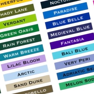 May include: A collection of color swatches with names like "Paradise," "Green Oasis," and "Lilac Bloom." Each swatch is a rectangle with a color and a corresponding name in white text. The color palette includes shades of blue, green, pink, and purple.