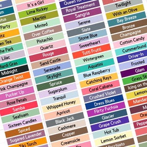Pode incluir: Um gráfico de cores com uma variedade de tons, cada um rotulado com um nome único. O gráfico inclui tons como "Ginger", "Party Dress" e "Hot Tub", exibidos em formato de grade.
