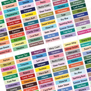 May include: A close-up of a grid of colorful labels with various names. The labels are arranged in rows and columns, each with a unique color and text. The labels include names like "Turquoise," "Candy Apple," and "Sky Blue."