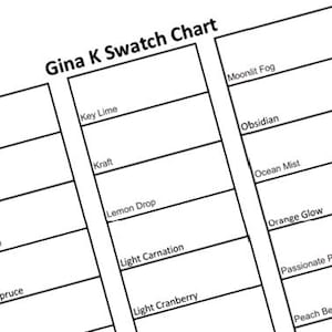 Puede incluir: Un gráfico de muestras blanco titulado "Gina K Swatch Chart" con nombres de colores en texto negro. Los colores incluyen Dark Lilac, Key Lime, Kraft, Lemon Drop, Light Carnation, Light Cranberry, Moonlit Fog, etc.