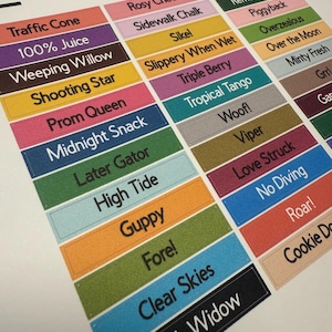 May include: A printed sheet featuring color swatches with various names. Each swatch is a different color, with names like "Traffic Cone," "100% Juice," and "Black Widow" printed in white. The swatches are arranged in rows and columns.