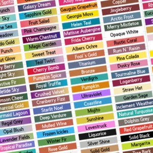 May include: A close-up of a color chart with various color names. The chart features a grid of rectangular blocks, each labeled with a unique color name, such as "Cherry Bomb" and "Sunshine". The colors range from vibrant to muted tones.