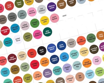 May include: A colour palette chart with many circular colour swatches labelled with names such as "Candied Apple," "Evergreen Bough," and "Mustard Seed." The chart is for colour inspiration and selection.