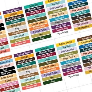 May include: A color chart featuring two identical columns of rectangular swatches, each labeled with descriptive names like Autumn Leaves, Mermaid, Midnight Blue, Mixed Berry, Oasis, Olive, Orange Cream, Orange Spice, Parisian Purple, Pear, and Pine.
