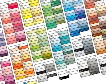 May include: A comprehensive color chart featuring organized blocks of markers labeled with alphanumeric codes. The grid displays various hues including reds, yellows, greens, blues, earth tones, violets, and grayscale ranges like cool, warm, and neutral tones.