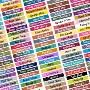 May include: A close-up of a color palette with various color names displayed on rectangular blocks. Colors include "Lemon Candy", "Sapphire Gold", "Cherry Bomb", "Sunset Pink", and "Red Grapefruit". The palette is arranged in a grid.