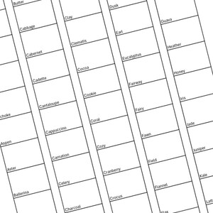 May include: A black and white image of a grid of rectangular boxes, each labeled with a different color name. The names include "Butter", "Cabbage", "Cabernet", "Cadette", "Cantaloupe", "Cappuccino", "Carnation", "Celery", "Charcoal", "Cheeky", "Citrine", "Clay", "Clematis", "Cocoa", "Cookie", "Coral", "Cozy", "Cranberry", "Crocus", "Dew", "Dublin", "Dusk", "Earl", "Eucalyptus", "Fairway", "Fairy", "Fawn", "Field", "Flannel", "Flax", "Galaxy", "Grapefruit", "Guava", "Heather", "Honey", "Iris", "Jade", "Juniper", "Kale", "Latt", "Aspen", "Aster", "Ballerina", "Blush".