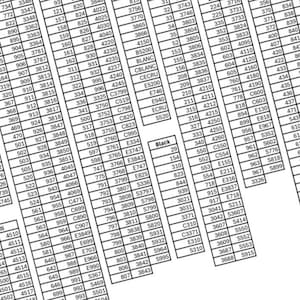 May include: A printed sheet with rows of numbers and codes, including "Black" and "Multi" labels. The sheet is likely for reference or inventory, with a variety of numerical data.
