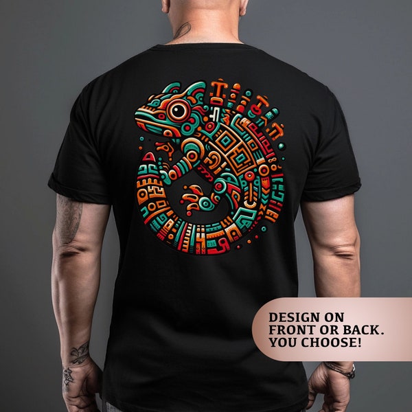 Aztec Gecko Lizard T-Shirt. Bold and Vibrant in an Aztec art style. Bright Colors.