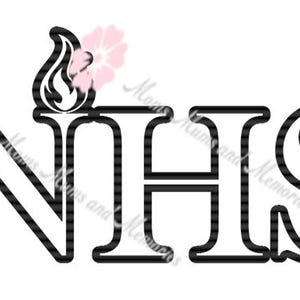 May include: Black and white logo with the letters NHS. The N is styled with a torch on top.