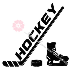 May include: Black and white silhouette of a hockey stick with the word "HOCKEY" written on it. A black and white hockey skate and a black puck are also included in the image.