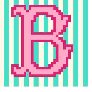 May include: A pink pixelated letter "B" with a serif design, set against a background of vertical stripes in teal and cream. The letter is outlined in a darker pink, creating a bold contrast.