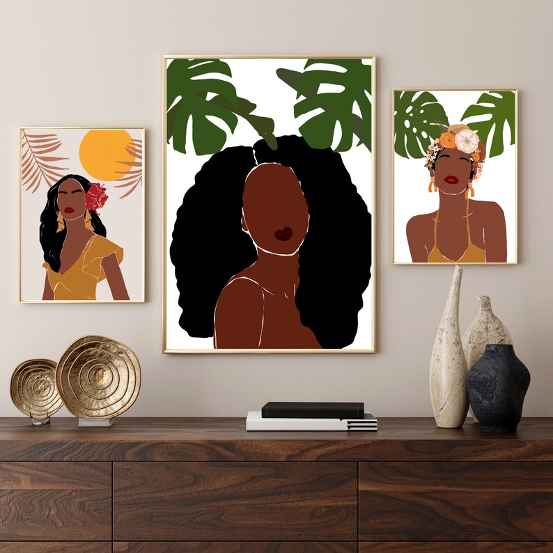 Black Girl Art Set Of 3, African American Art, Women of Color Art, Boho Woman Art, Printable Art, Curly Hair Girl Poster, Gallery Wall Art image 6