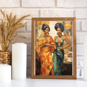 Beautiful Black Woman Digital Art Print, Black Women Ladies Who Lunch Digital Wall Art, Feminine Decor Printable Art, Women of Color Print