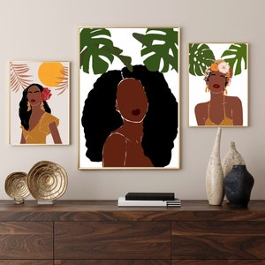 Black Girl Art Set Of 3, African American Art, Women of Color Art, Boho Woman Art, Printable Art, Curly Hair Girl Poster, Gallery Wall Art image 1