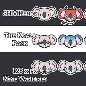May include: Nine variations of a koala emoji pack, each with a different expression. The koala emojis are 128 pixels in size. The text "SHMIKEHOE" appears at the top of the image. The text "THE KOALA PACK" appears in the middle of the image. The text "128 x PX NINE VARIETIES" appears at the bottom of the image.