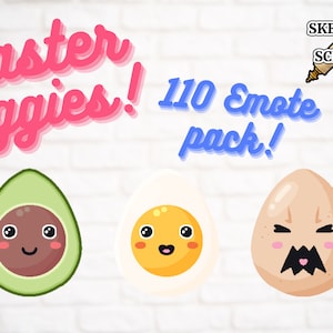 Könnte beinhalten: Ein Set mit 110 Emojis zum Thema Ostereier, mit einer lächelnden Avocado, einem glücklichen Ei und einem wütenden Ei. Der Text "Easter Eggies! 110 Emojis Pack!" ist in Blau und Rosa dargestellt.