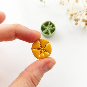 May include: A small, circular, mustard-yellow sand dollar shape with a central star-like pattern and five radiating slits, accompanied by a matching light green circular cutter tool featuring an internal star-shaped mold design.