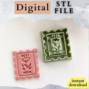 May include: Two stamp-shaped cookie cutters, one pink and one green, with floral designs and the words "BEST MOM" and "MOM". The image also includes the words "Digital", "STL FILE", and "instant download".