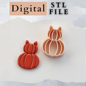 Könnte beinhalten: Ein orangefarbenes, kürbisförmiges 3D-Modell und ein kürbisförmiger Ausstecher. Das 3D-Modell ist massiv, während der Ausstecher eine hellrosa Umrisslinie hat. Die Worte "Digital STL FILE" stehen oben im Bild.