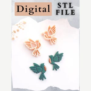 May include: Digital STL file featuring bird-shaped designs. The image shows three peach-coloured bird-shaped cookie cutters and two teal-coloured bird-shaped objects with copper-coloured chests. The words "Digital" and "STL FILE" are at the top of the image.