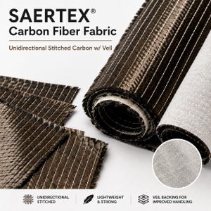 May include: SAERTEX Carbon Fiber Fabric, a roll of unidirectional stitched carbon fiber with a veil backing. The material is dark brown with visible white stitching lines. Text includes SAERTEX Carbon Fiber Fabric, Unidirectional Stitched Carbon w/ Veil, Unidirectional Stitched, Lightweight & Strong, and Veil Backing for Improved Handling.