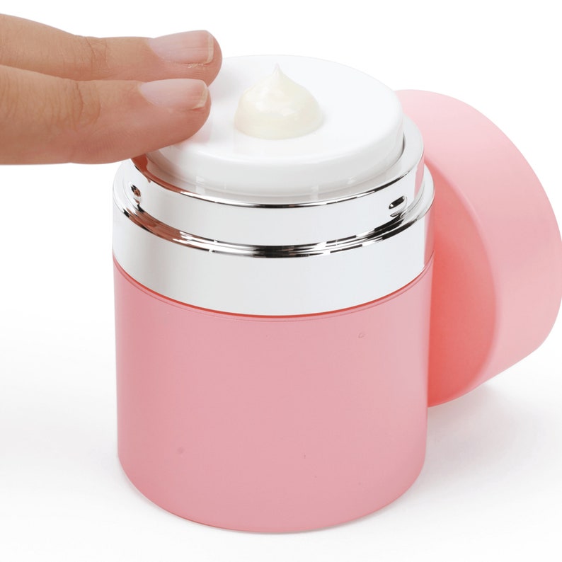 Tarro de viaje rosa con dosificador sin aire: Envase recargable para crema cosmética, 28 g (paquete de 3) imagen 1