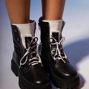 Women Genuine Black Leather Boots/Extravagant Leather Boots/Leather Boots/Black Genuine Leather Boots/Woman Leather Boots/White winter Boots