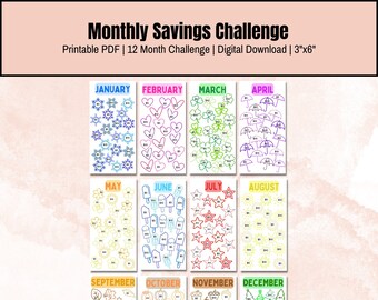 Puede incluir: Un PDF imprimible titulado "Desafío de Ahorro Mensual" con un diseño de 12 meses. Cada mes presenta un tema diferente, como copos de nieve, corazones y tréboles, con espacios para rastrear el ahorro. Las dimensiones son 7,6 cm x 15,2 cm.