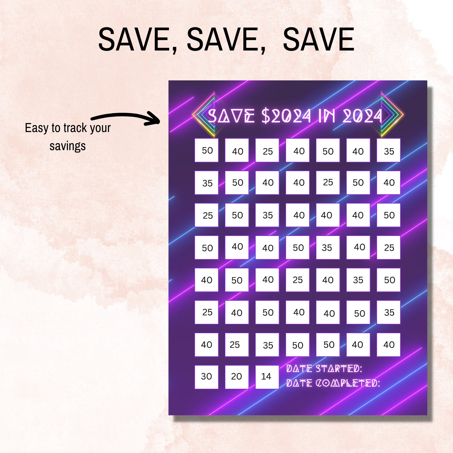 Neon Save 2024 in 2024, Save 2024 in 2024 Saving Tracker, Save 2024 in
