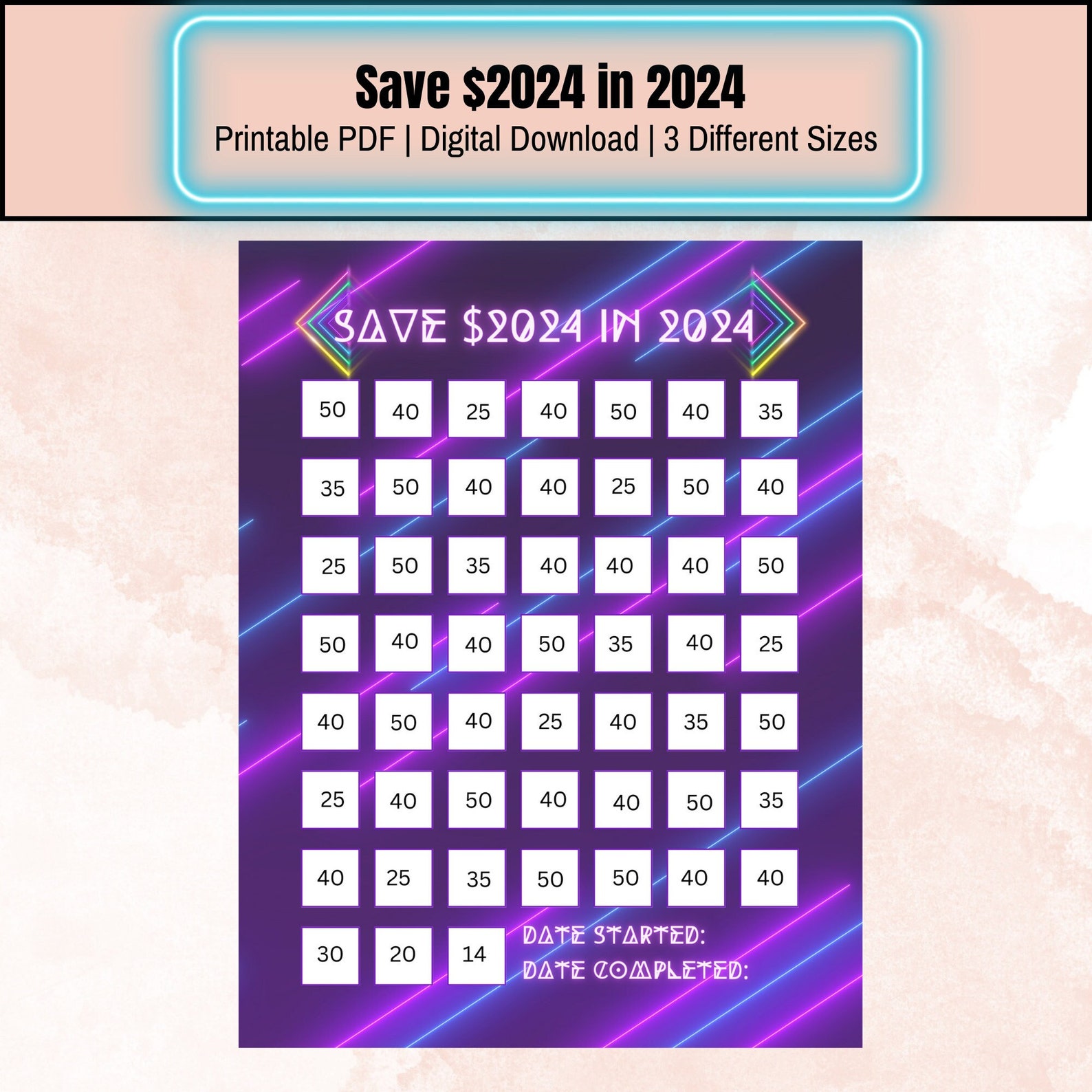 Neon Save 2024 in 2024, Save 2024 in 2024 Saving Tracker, Save 2024 in