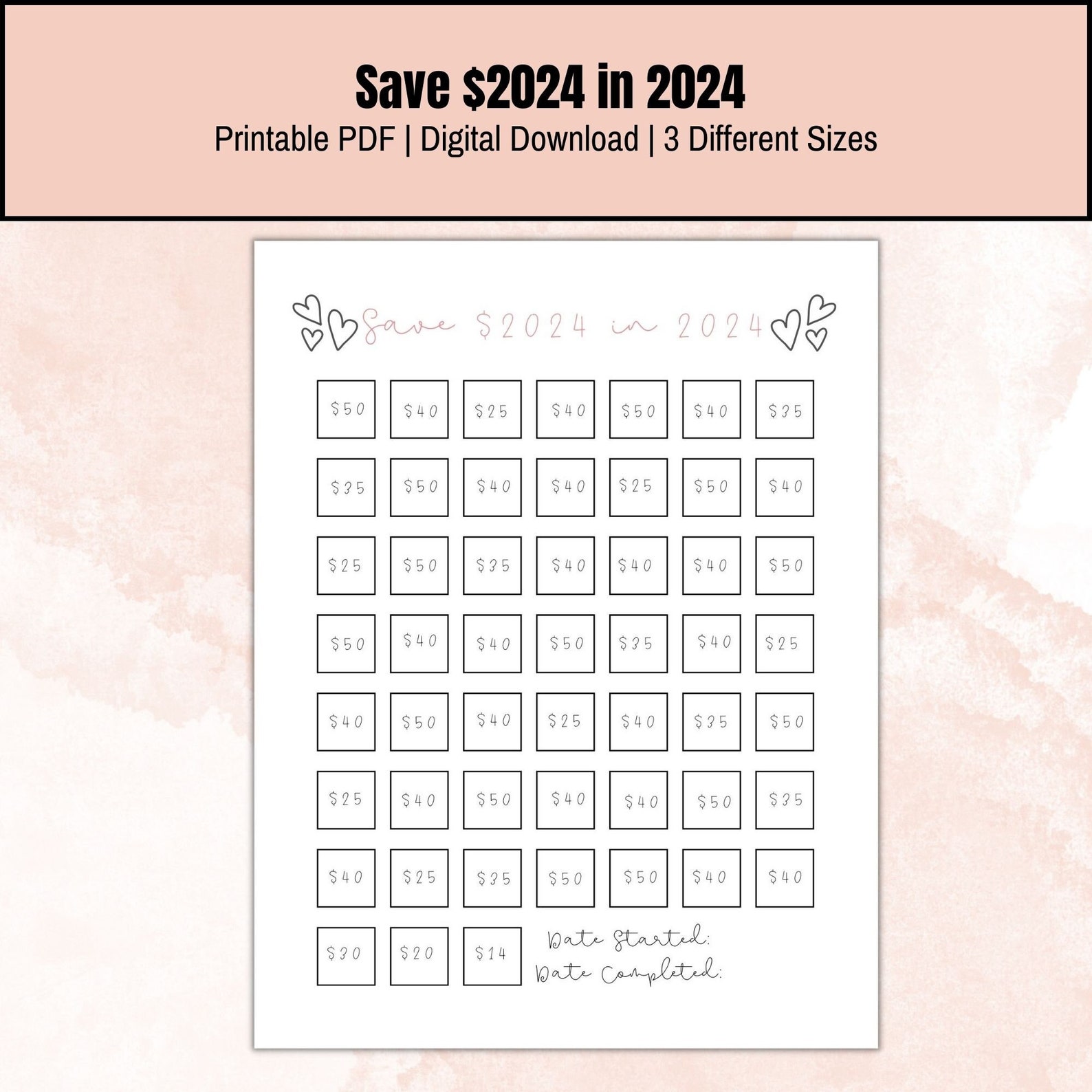 Save 2024 in 2024 Savings Challenge Printable, Save 2024 in 2024, Save ...