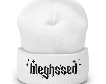White BLEGHSSED with stars Cuffed Embroidered Beanie